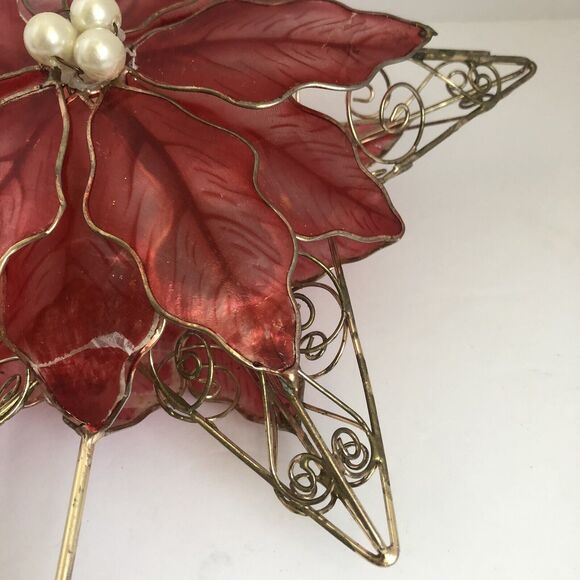 Kurt Adler Red Capiz Poinsettia Christmas Tree Topper 5 Point Gold Wire Star - Picture 4 of 16